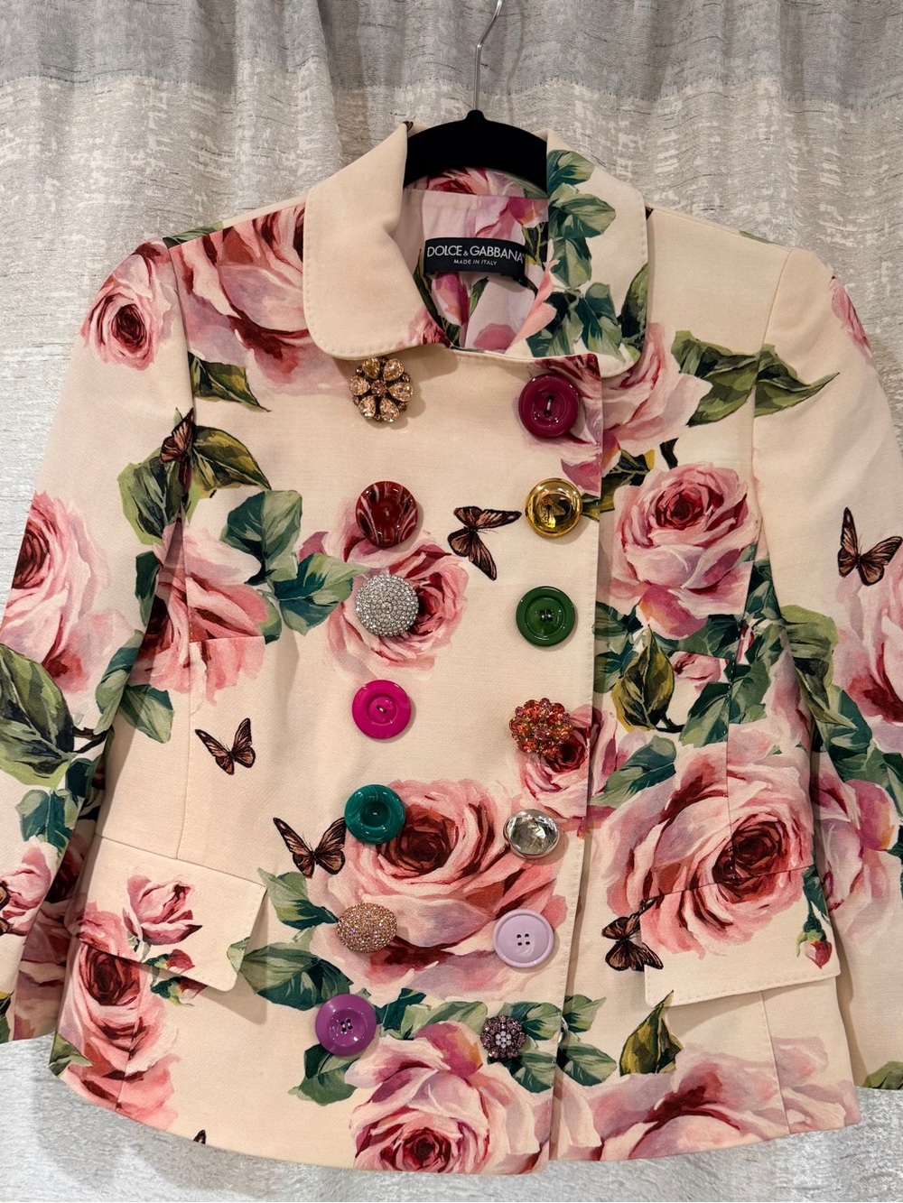 Dolce & Gabbana Cream Floral Rose-Print Blazer with Multicolor Buttons
